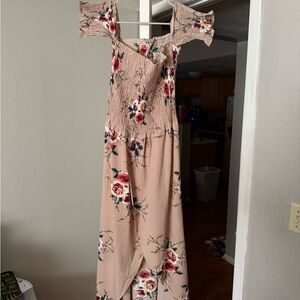 Tan floral smocked high low dress